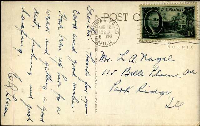 Crystal Falls Michigan MI lake scene mailed 1950 LL Cook 2