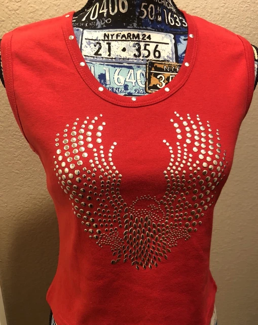 Biker Design Women’s Small Red Tank Top Key Hole Back Studded Angel Wings EUC