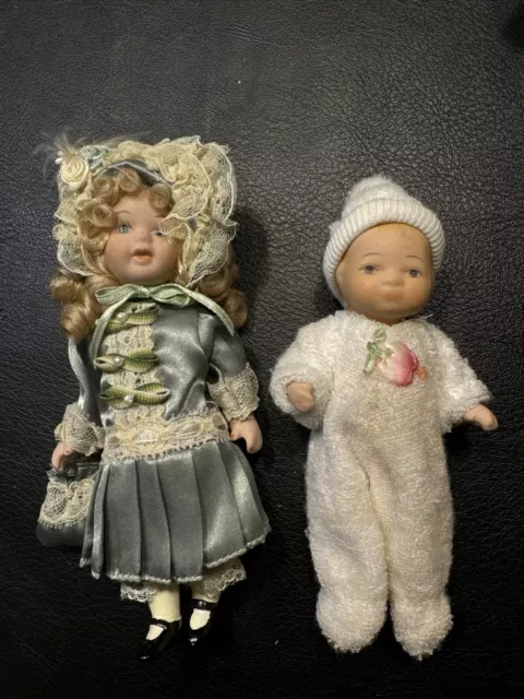 6” Victorian Doll & 5” Baby  Porcelain Jointed Limbs