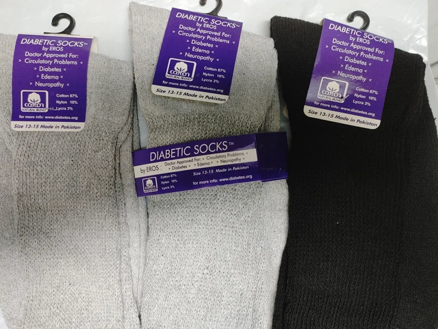 Eros New 3 Pairs 2 Gray 1 Blk Diabetic Crew Socks Men Size 13-15 Circulatory Fit