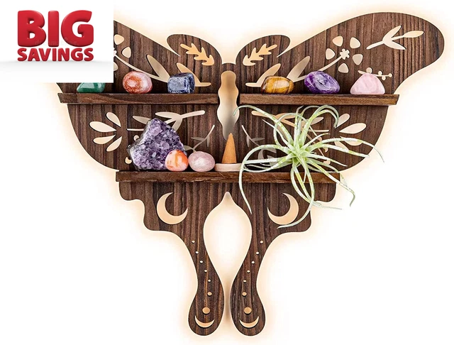 Luna Moth Crystal Shelf Display, Boho Pine Wood Wall Floating Shelves with Light