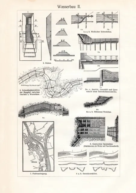 Wasserbau I. - II. historischer Druck Holzstich ca. 1912 Bildtafel Architektur 2