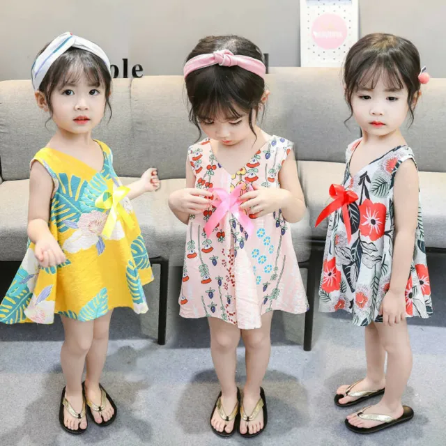 Toddler Baby Kids Girls Sleeveless Floral Leaf Print Bow Dresses Casual Clothes