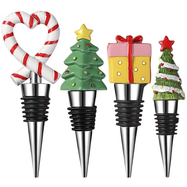 4 Bouchons De Vin Réutilisables En Acier Inox - Motifs De Noël (Père Noël, Sapin, Canne)