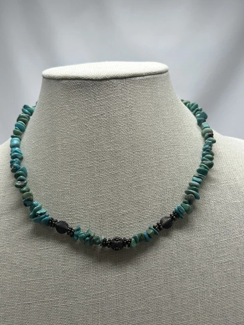 Vintage Turquoise Chip Necklace With Three Metal Medallions Marked DMD