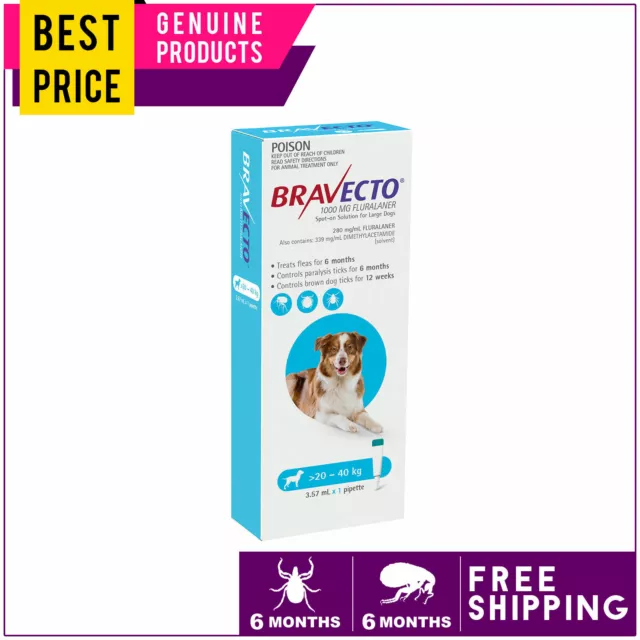 BRAVECTO Spot On 6 Months Flea Treatment for Dogs 20 to 40 Kg 1 Dose BLUE