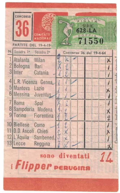 Schedina Totocalcio Coni pubblicità Perugina anno 1963/1964 n. 36