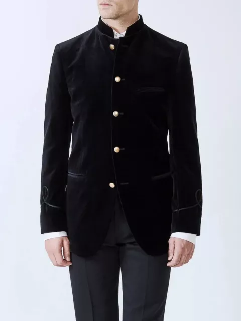 Men Nehru Collar Smoking Jacket Black Slim Fit Velvet Dinner Tuxedo Jacket Mens