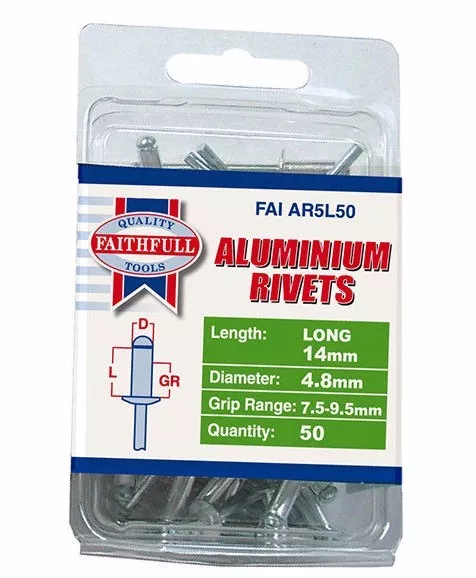 50 x Faithfull 4.8mm x 14mm Long Aluminium Rivets Blind Hand Rivet, FAIAR5L50