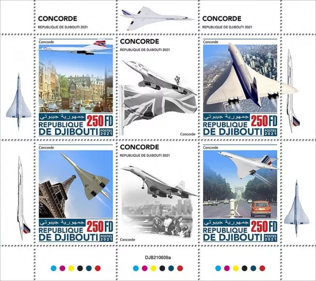 CONCORDE London & Paris Supersonic Airliner Aircraft Stamp Sheet (2021 Djibouti)