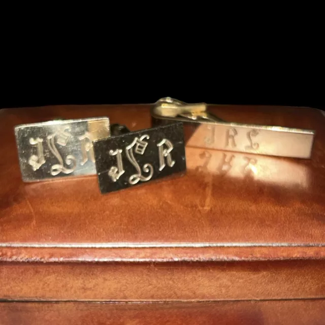 Anson gold tone monogram engraved tie bar clip and cufflinks set vintage