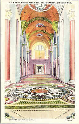 Lincoln NE State Capitol Building Vestibule Unused Linen Nebraska Postcard 733b