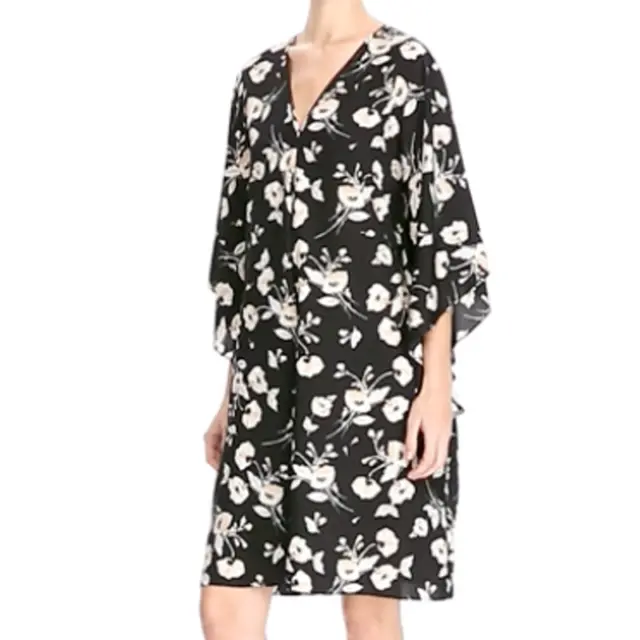 Lauren Ralph Lauren Black White Peach Floral Crepe Flutter Sleeve Shift Dress XL