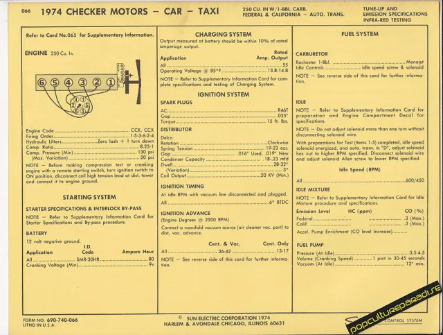1974 CHECKER MOTORS CAR & TAXI 250 ci Engine Car SUN ELECTRIC SPEC SHEET