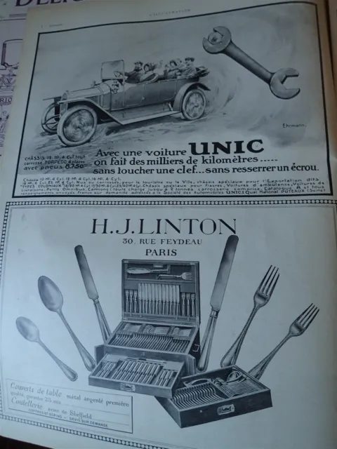 UNIC automobile + H-J LINTON couvert de table publicité papier ILLUSTRATION 1914