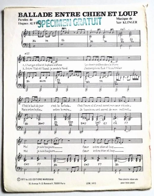 Partition vintage sheet music HUGUES AUFRAY : Ballade Entre Chien et Loup * 70's