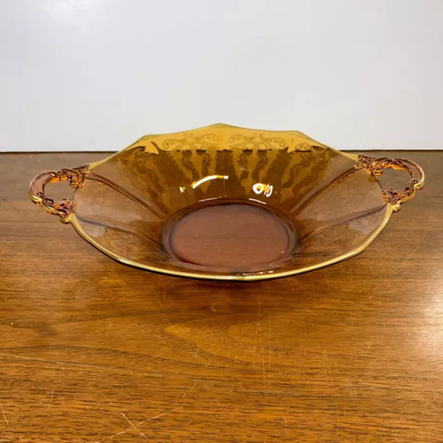 Vintage Cambridge #733 Urn and Birds Etching Decagon Amber Handled Bowl 2