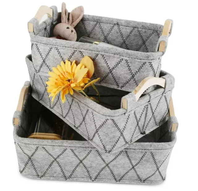 Grey Felt Storage Baskets Storage Bins Organizers with Wooden Handles X 3