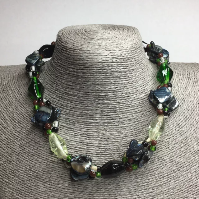 Abalone shell & art glass chunky bead necklace handmade black green