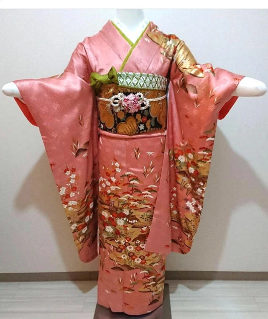 Vintage Japanese Wedding Kimono Silk flower Gold Pink Robe  KimonoDress Furisode