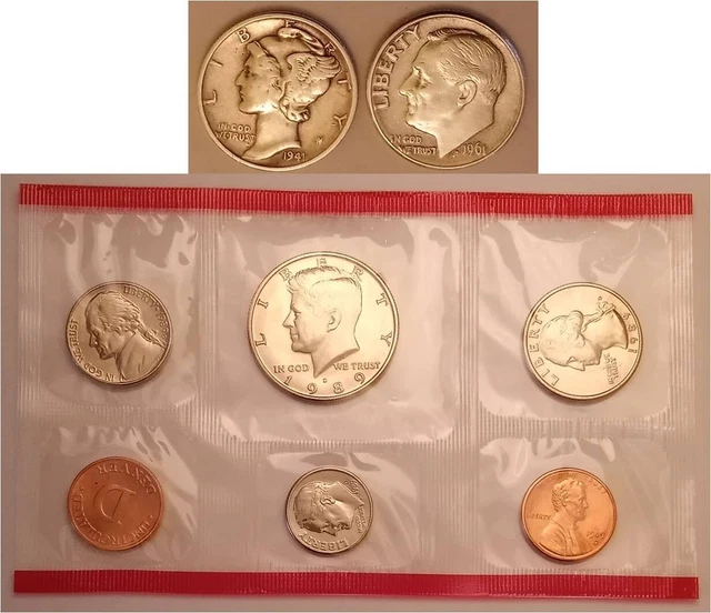 90% Silver Merc & Roosevelt dimes (1941P & 1961D) & 1 US Mint Set (1989D)