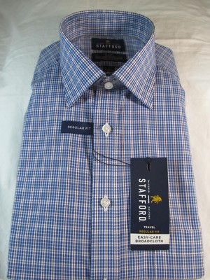 NWT STAFFORD TRAVEL EASY CARE BROADCLOTH  REG. FIT DRESS SHIRT, Blue Grid Check