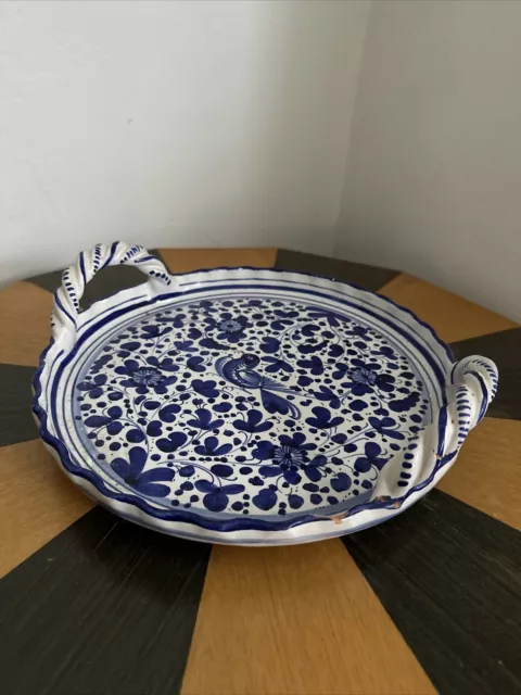 Vintage Blue/White Handcrafted Italian Majolica Tin Glazed Handled Pottery Bowl
