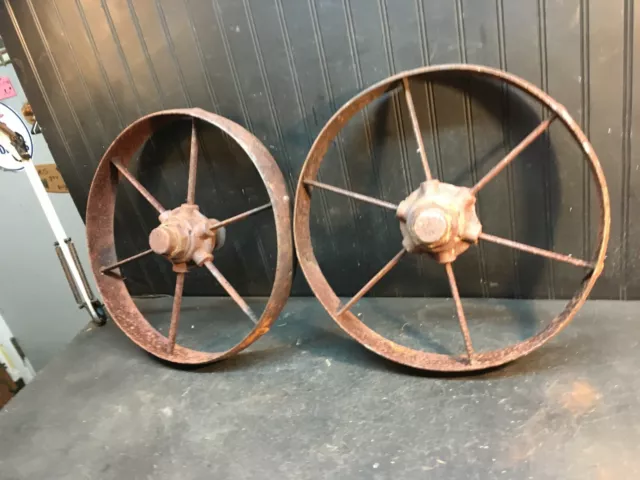 Vintage Cast Iron Wagon/ Cart Wheels Pair 17” Diameter x 2 .5in thick 6 spoke