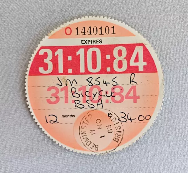 Collectable Old Tax Disc Bsa October 1984 Road Tax Vehicle Excise Velology