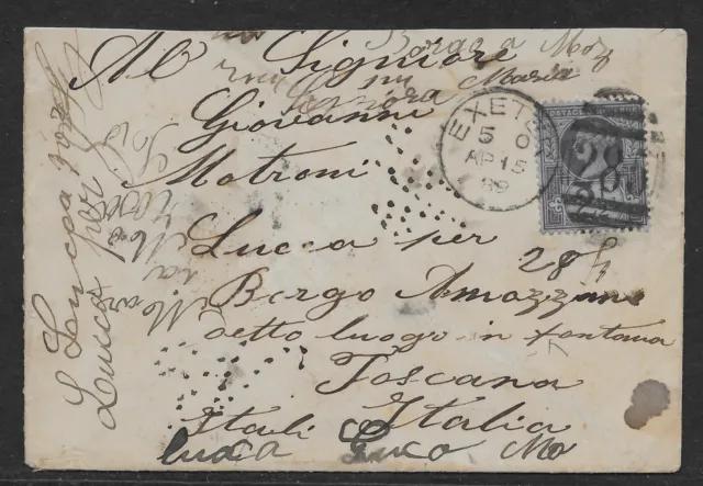 GB Queen Victoria 1889 2 1/2d cover Exeter to Italy. SG 201. Postmarks. Look!