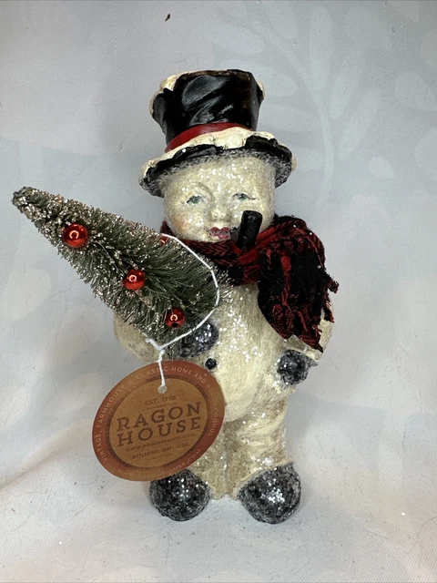 Primitive Ragon House Christmas Face Snowman with Tree 8” NWT Glitter Pipe