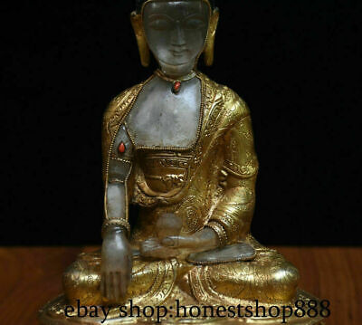8.4" Old Tibet Buddhism 24K Gold Gilt Crystal Seat Shakyamuni Buddha Robe Statue 3