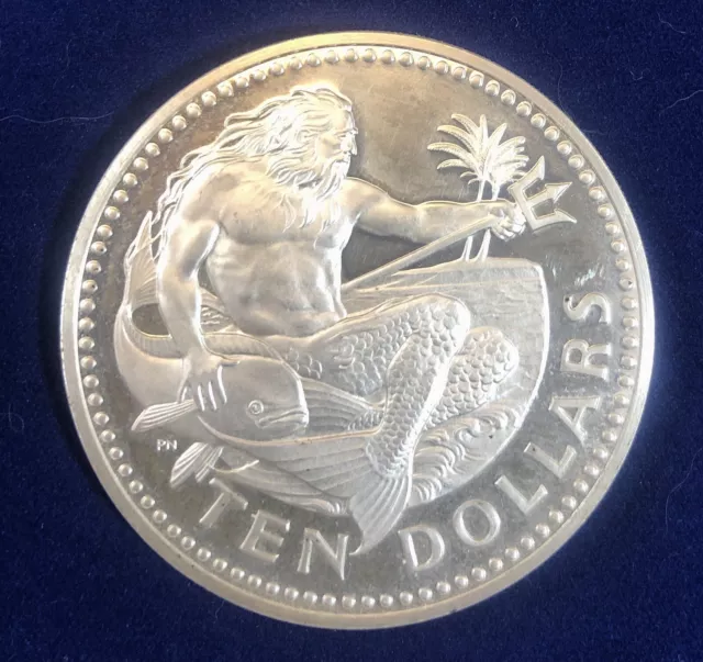 Barbados 1973 Ten Dollar Silver Proof Coin Neptune Beautiful Mirror High Grade