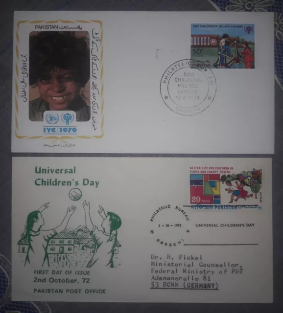 Pakistan 2x FDC SOS Universal Childrens Day 1972 gelaufen, 1979 mit MNr 495