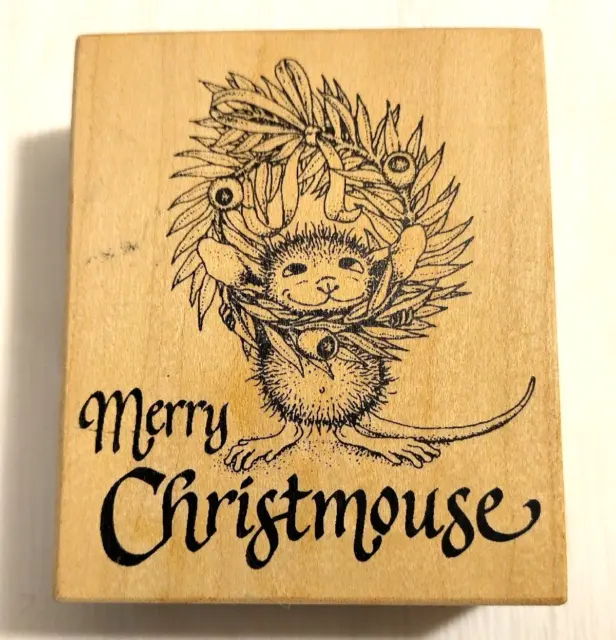 House Mouse! Vintage Wood Mounted Rubber Stamp Merry Christmouse (Monica) 2001