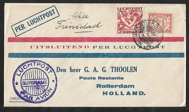 Suriname To Netherlands  Via Trinidad Air Mail Cover 1930