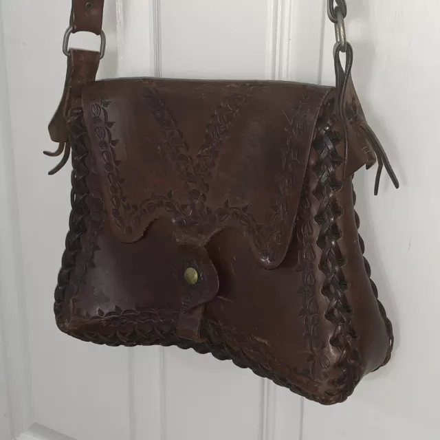 Vintage Hand Tooled Brown Leather Shoulder Bag Floral Boho Hippie Western 1970s