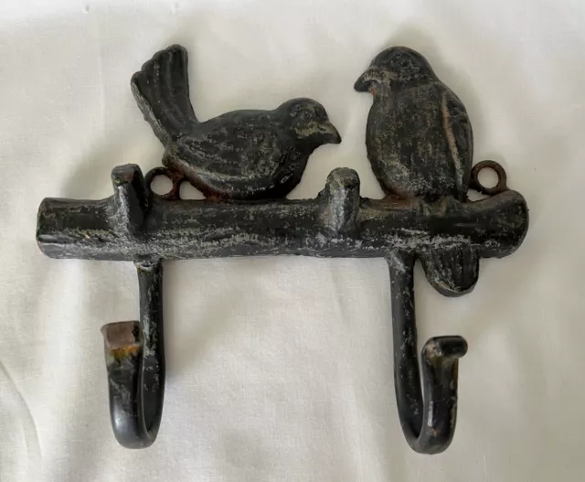 Birds on Branch Double Wall Hook metal  Cast Iron Rustic home decor