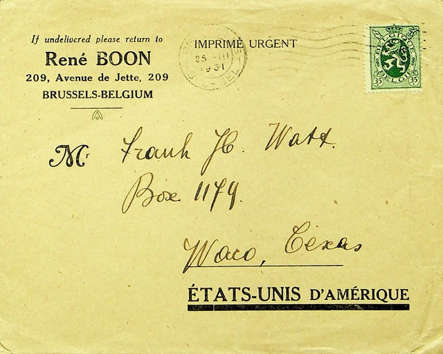 Belgique 1931 35c Sur Housse De Bruxelles To Texas USA Largeur / Cachet