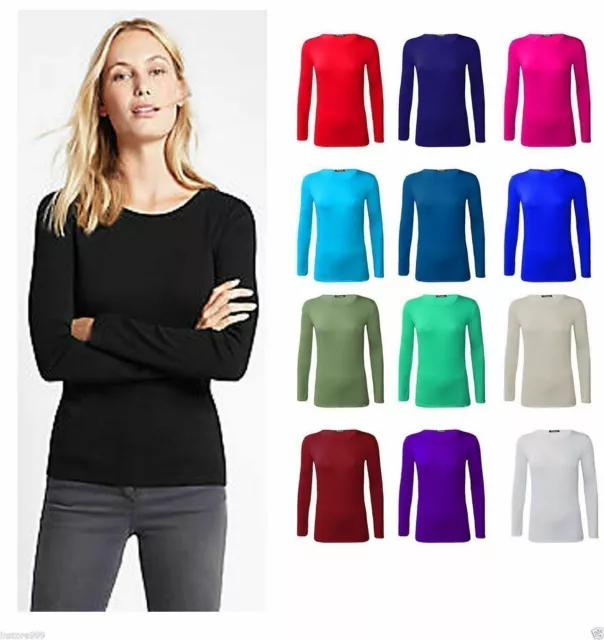 Womens Ladies Long Sleeve Stretch Plain Scoop Neck T Shirt Top assorted 8-26