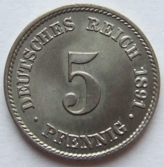 Pièce de Monnaie Reich Allemand Empire 5 Pfennig 1891 G En Brillant uncirculated