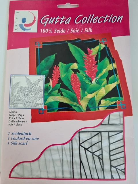 Paño de seda, Alpinia" 110x110cm, Ponge 05, Gutta en negro, pintura de seda