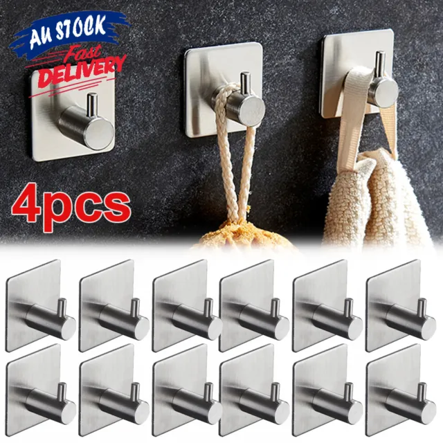 4Pcs Stainless Self Adhesive Hook Wall Hanger Stick Bathroom Kitchen Hooks