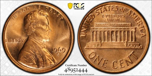 1969-S 1C RD Lincoln Memorial One Cent  PCGS MS64RD