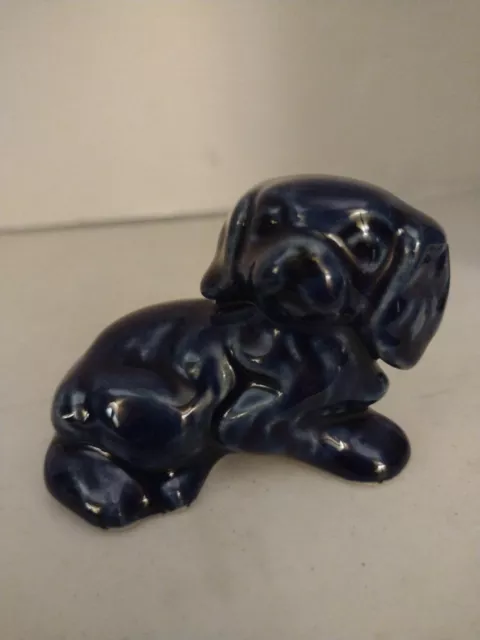 Cobalt Blue Antique Puppy Pekingese? Dog Figurine Lay Down Shiny Glazed Signed