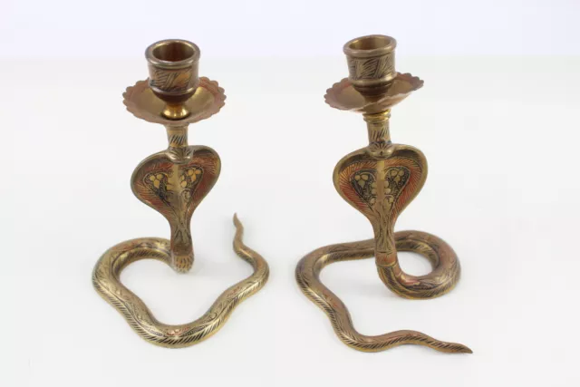 Cobra Brass Candlestick Holder Pair Vintage 14.5cm