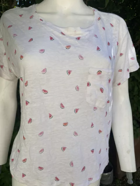 Rails Luna Watermelon-Print T-Shirt size Small White Top Scoop Neck Billie Linen