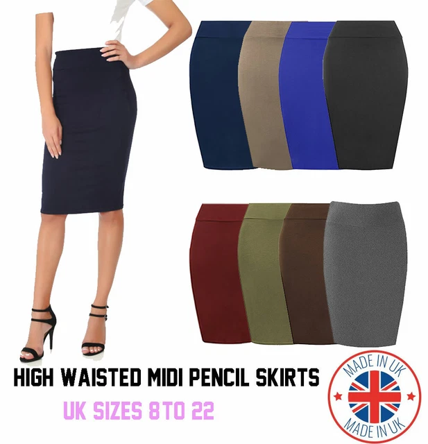 Womens Plain High Waisted Knee Length Bodycon Stretch Pencil Midi Skirt 8-22