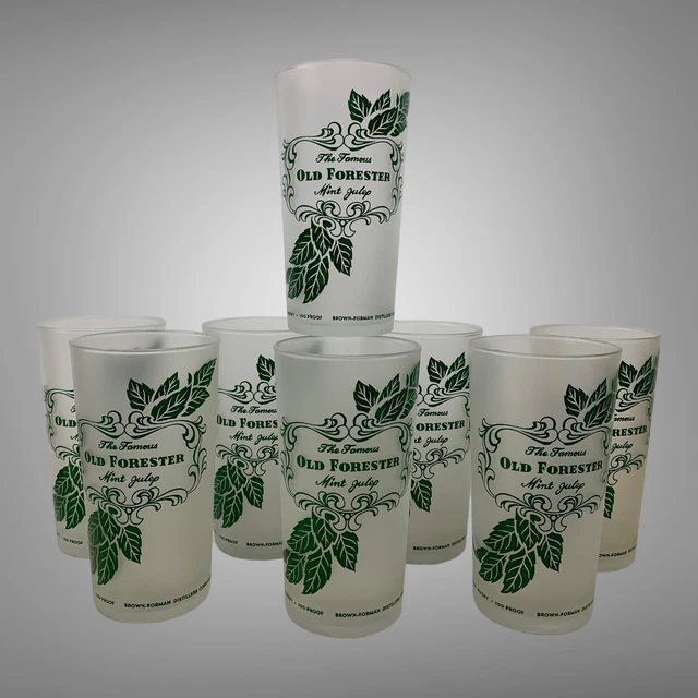 Vintage The Famous Old Forester Mint Julep Frosted Hi-Ball Glasses Set of 8