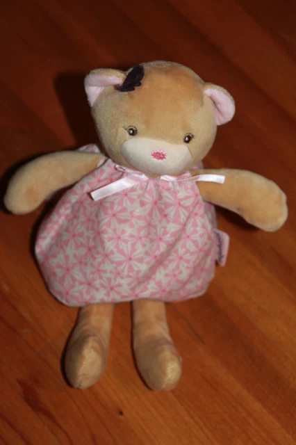 DOUDOU PELUCHE KALOO OURS PETITE ROSE BEIGE ROBE ROSE FLEUR 26 cm état neuf
